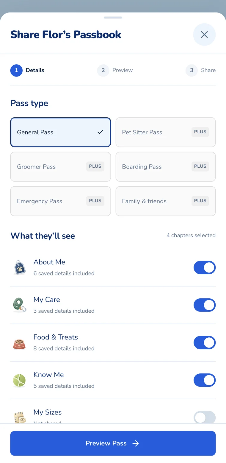 Pet Passbook’s sharing screen showing which of Flor’s care chapters are included in a General Pass. Tailored pass types are marked Plus.